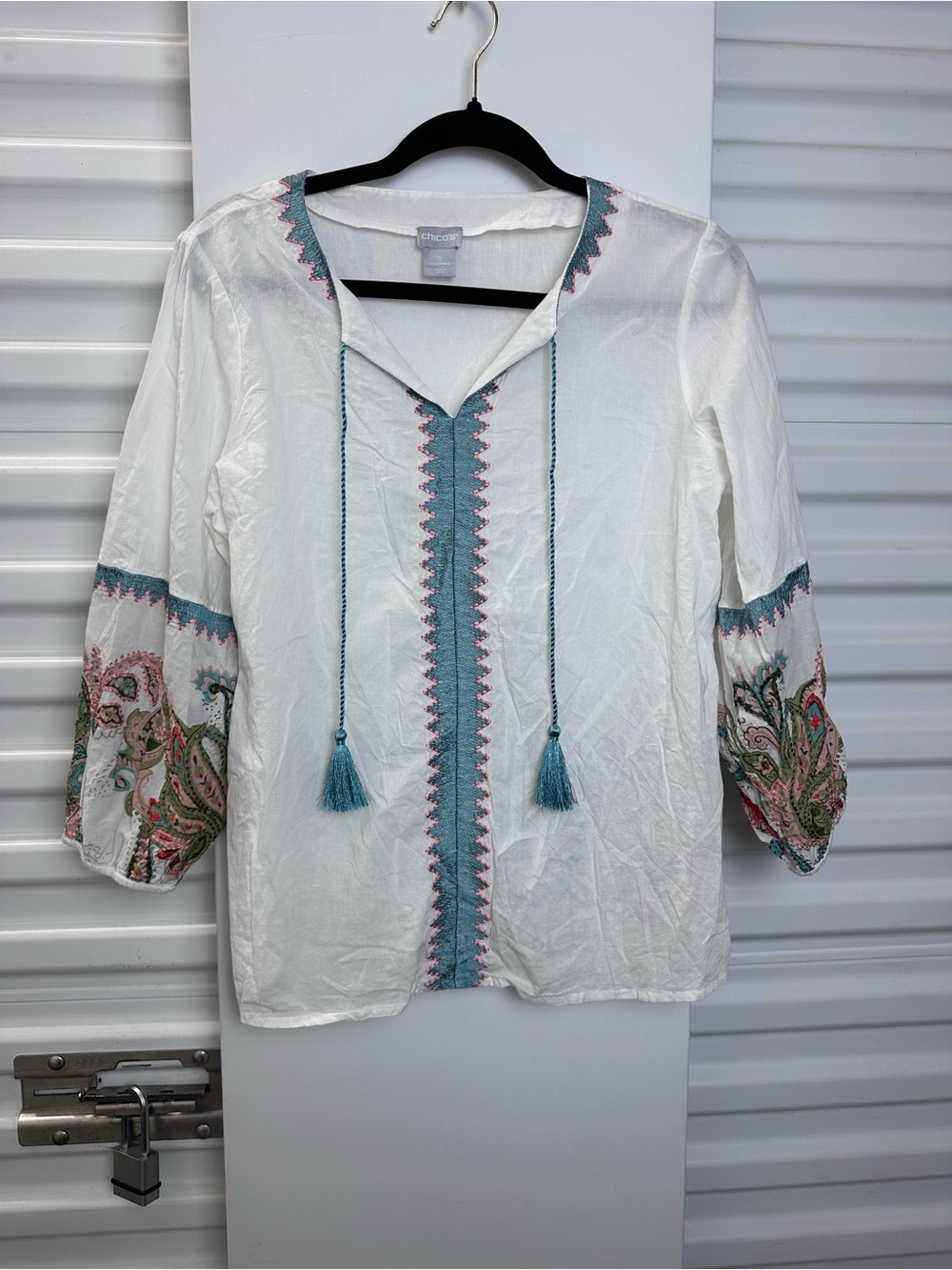 Chico's White Tunic with Teal and Pink Embroidery